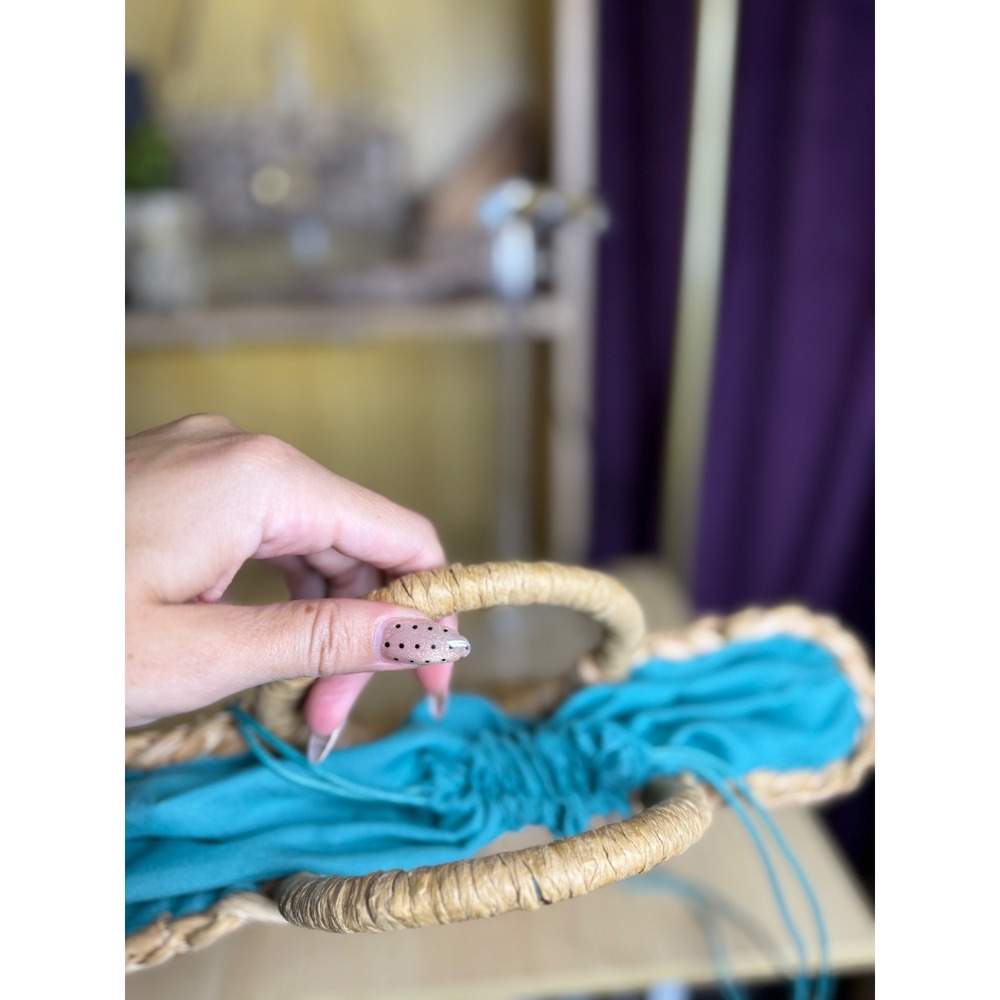 Natural Woven Straw Crescent Handbag Turquoise Lining Boho Summer Tote Bag - Picture 4 of 4